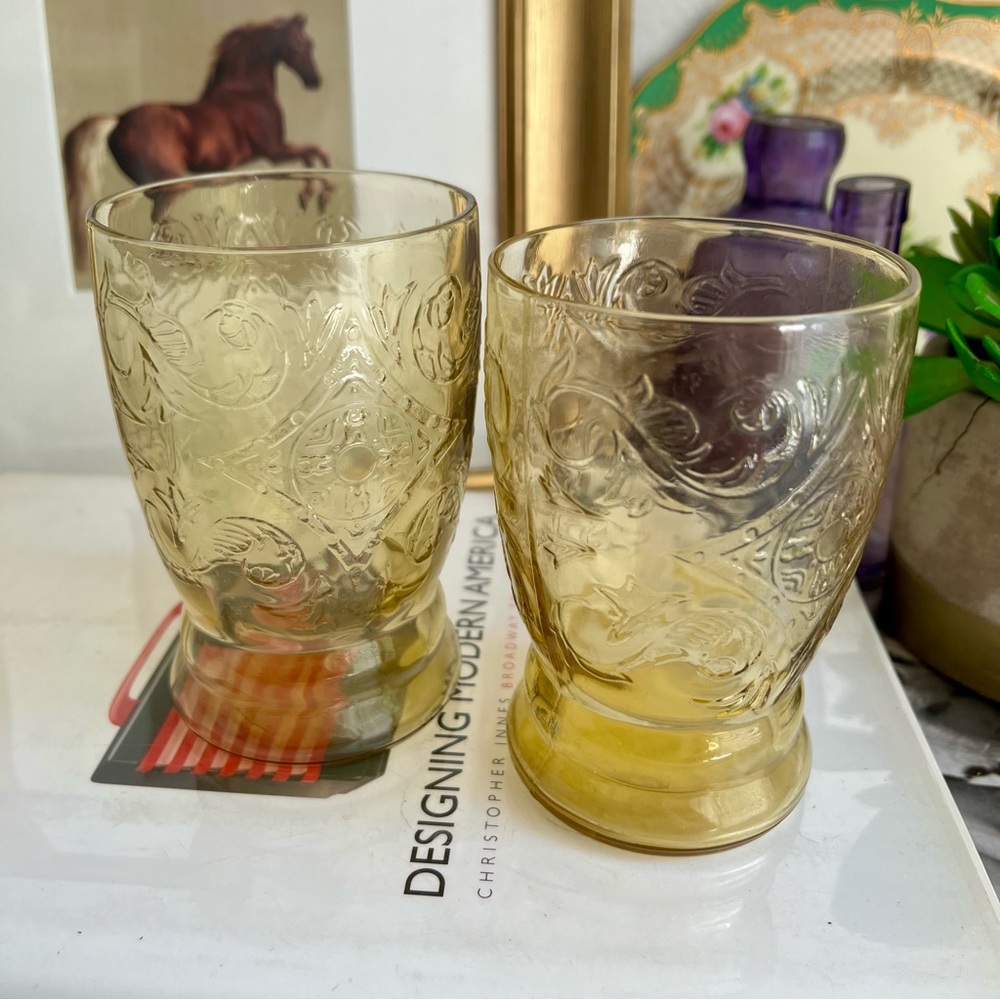 Vintage 1930'S depression Amber Federal Madrid Juice Glasses Set of 2